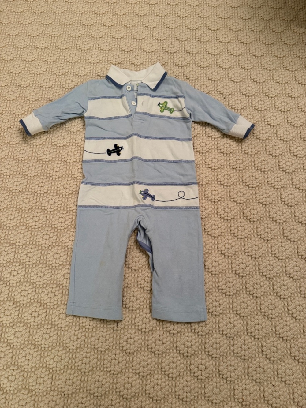 Florence Eiseman Light Blue and White Striped Polo Romper w/Airplane Appliqué